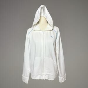 PUMA Full Zip XL Hooded‎ Track Jacket White Baby Blue Piping Logo Cotton Pockets